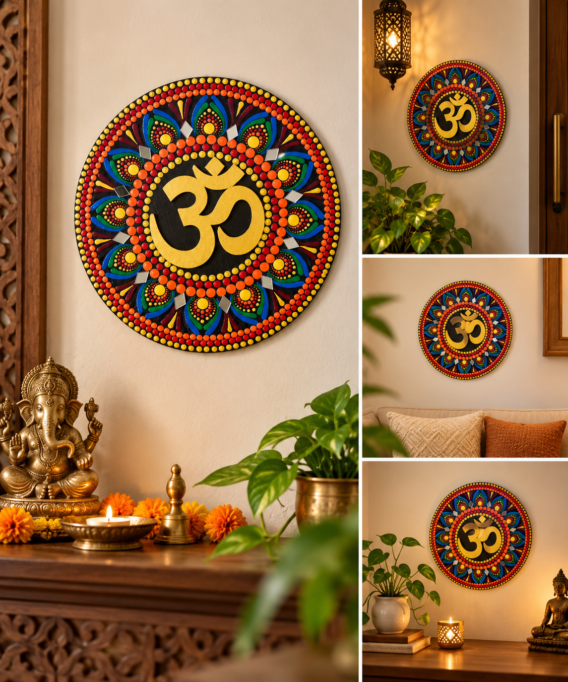 Handcrafted Golden Om Mandala Wall Art – Peacock Inspired