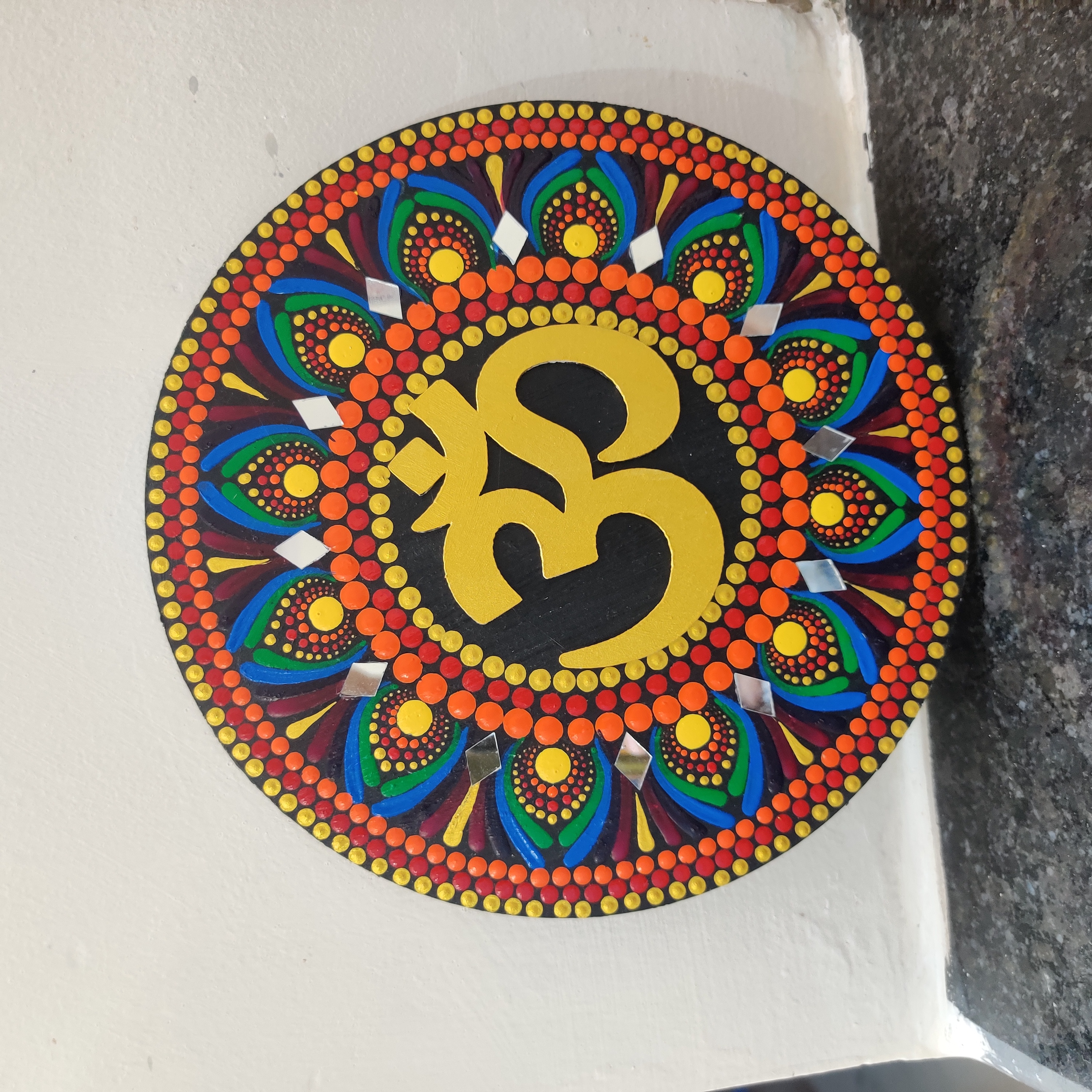 Handcrafted Golden Om Mandala Wall Art – Peacock Inspired thumbnail 2