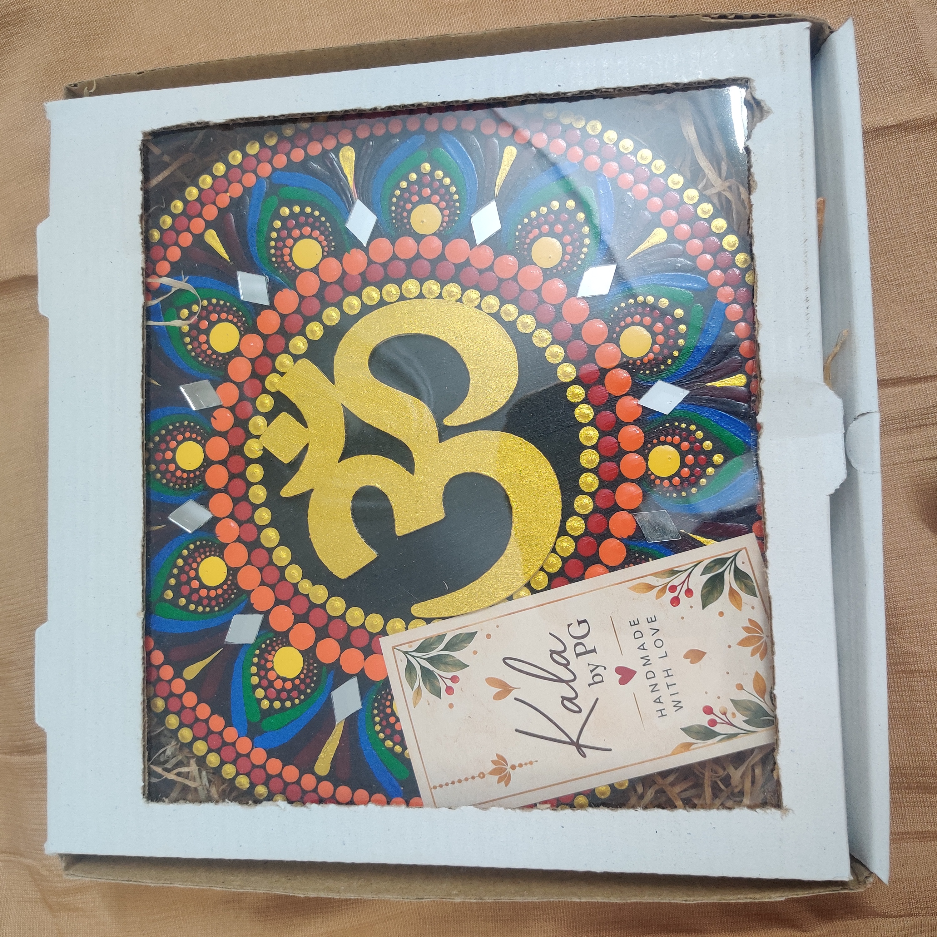 Handcrafted Golden Om Mandala Wall Art – Peacock Inspired thumbnail 3