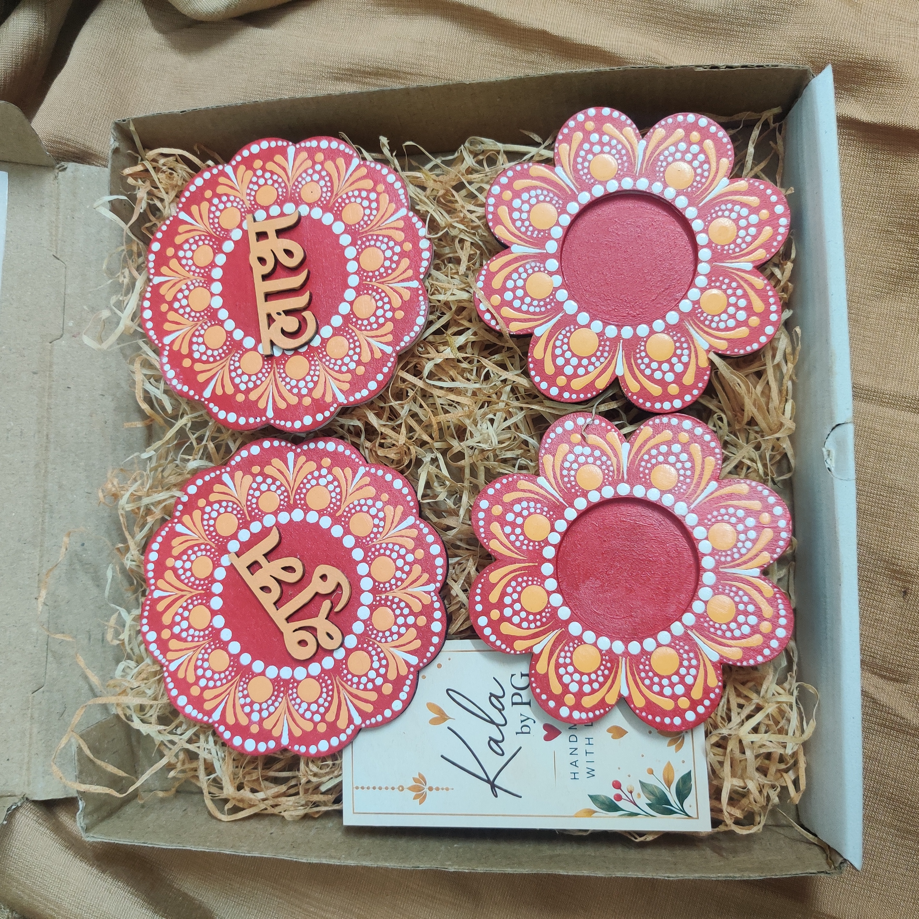 Handcrafted Shubh Labh & Floral Tealight Holder Gift Set – Set of 4