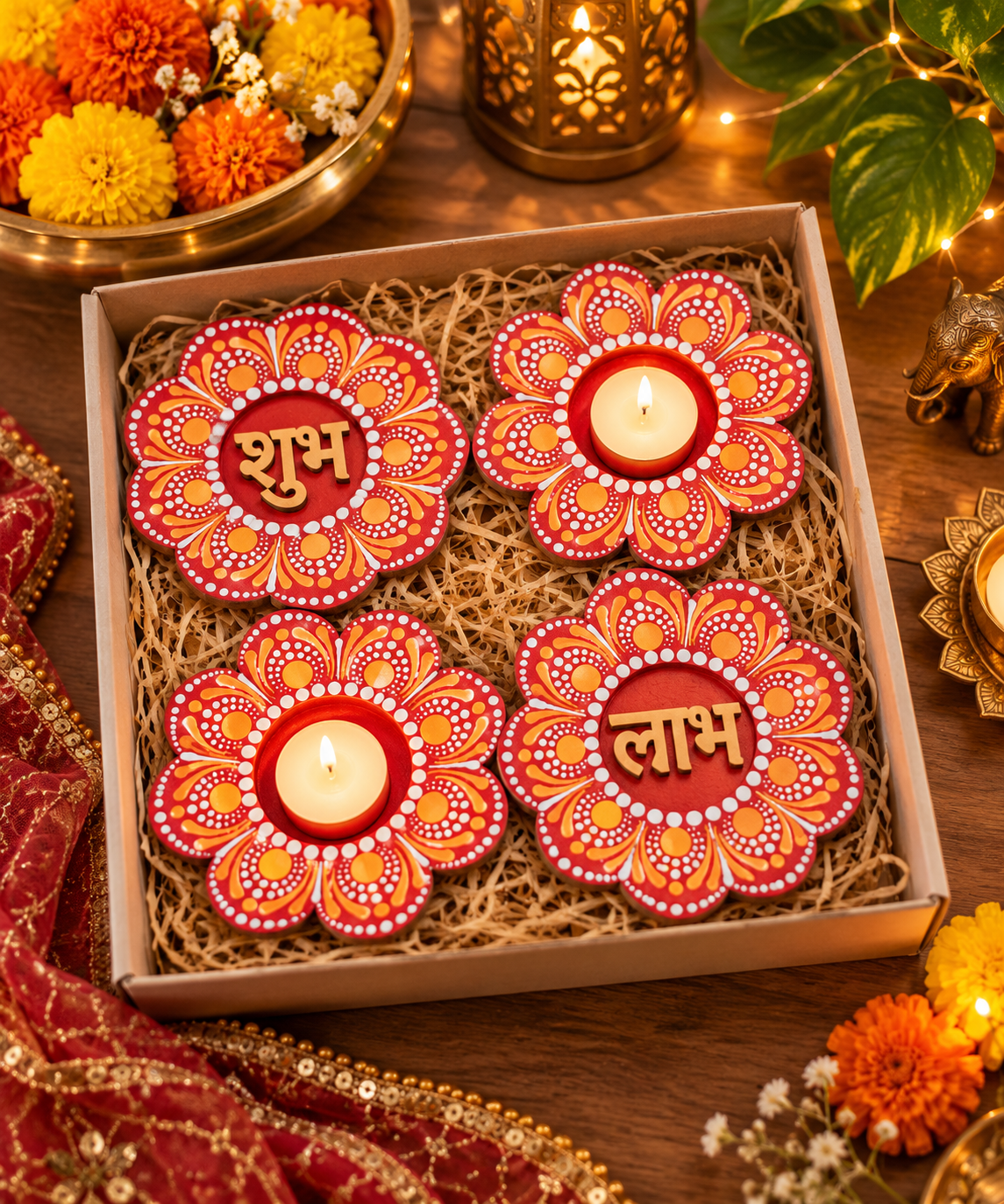 Handcrafted Shubh Labh & Floral Tealight Holder Gift Set – Set of 4 thumbnail 2