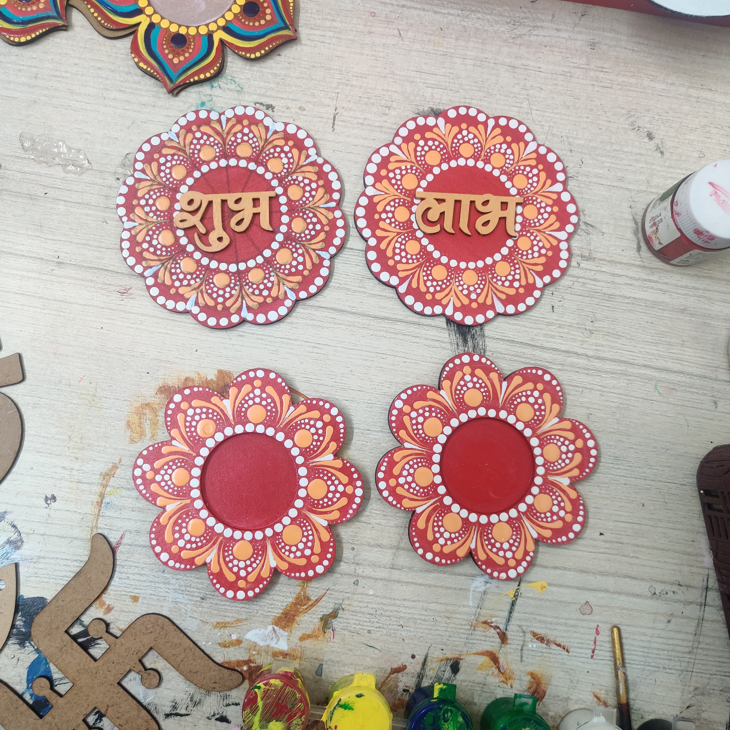 Handcrafted Shubh Labh & Floral Tealight Holder Gift Set – Set of 4 thumbnail 3