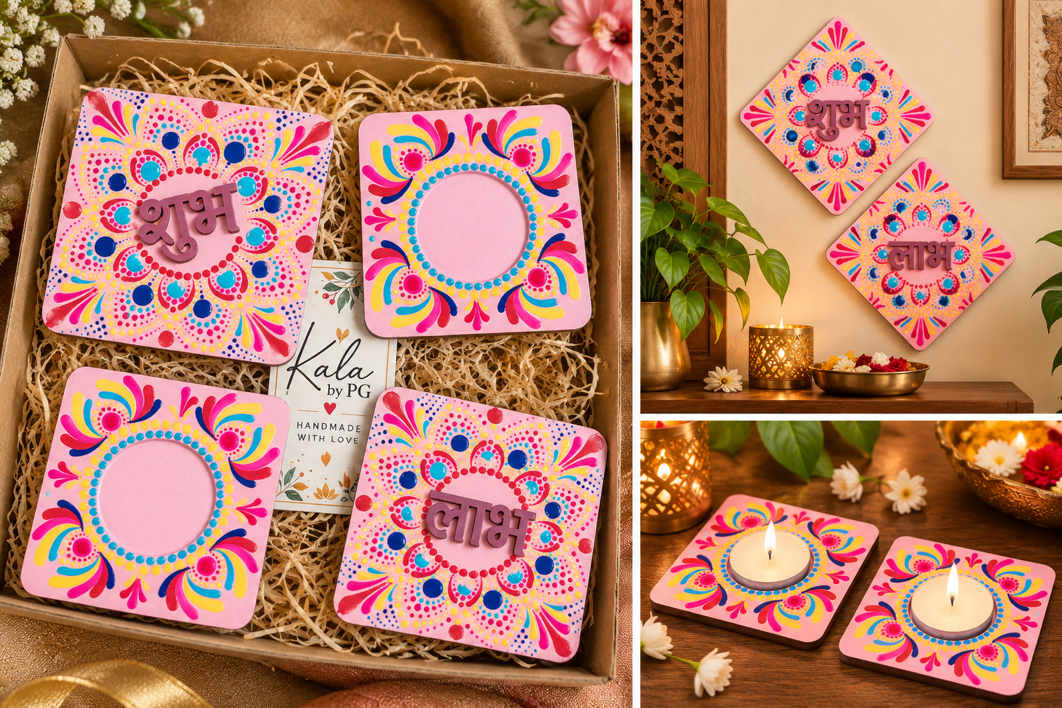 Handmade Shubh Labh & Tealight Holder Gift Set – Set of 4