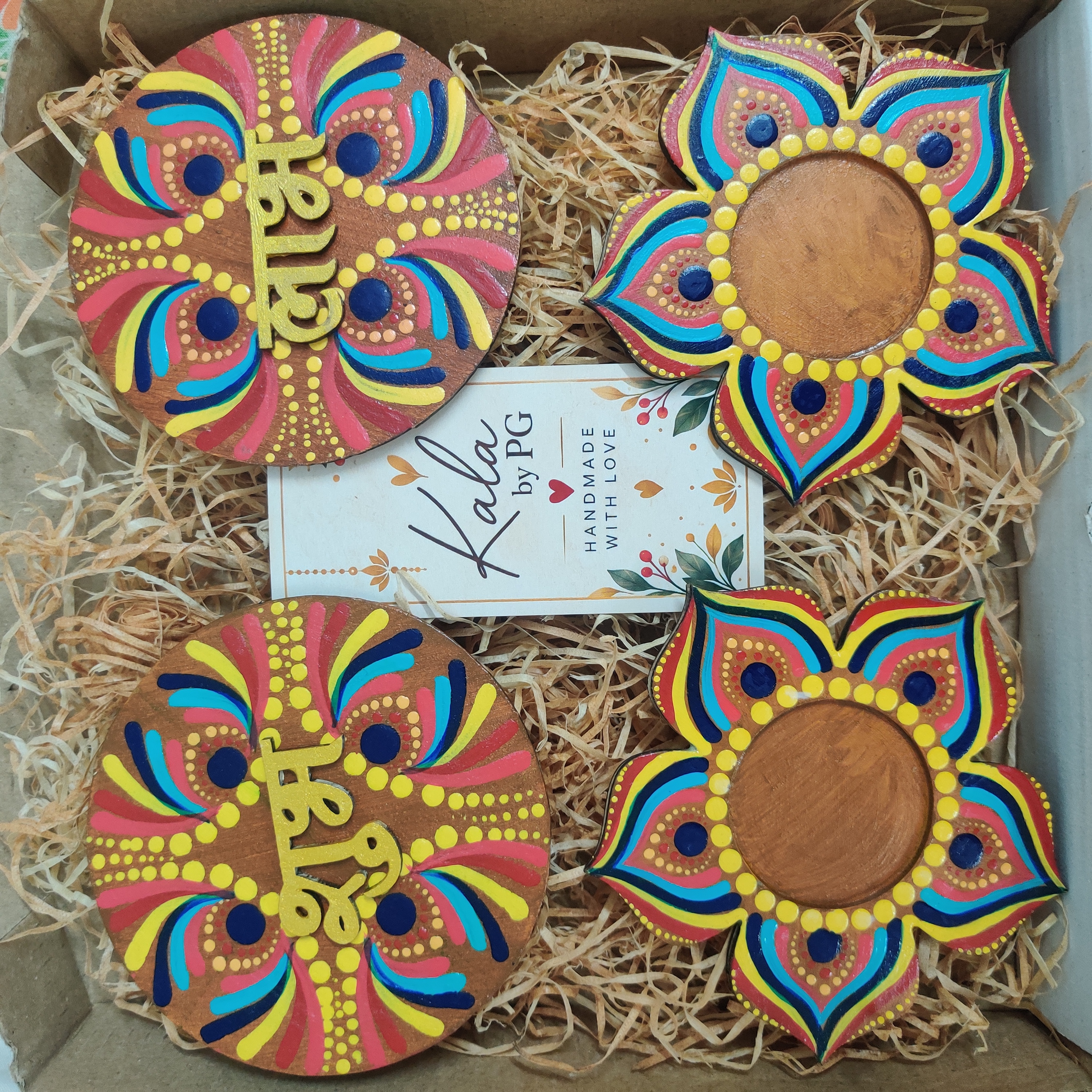 Handpainted Shubh Labh & Lotus Tealight Holder Diwali Gift Set