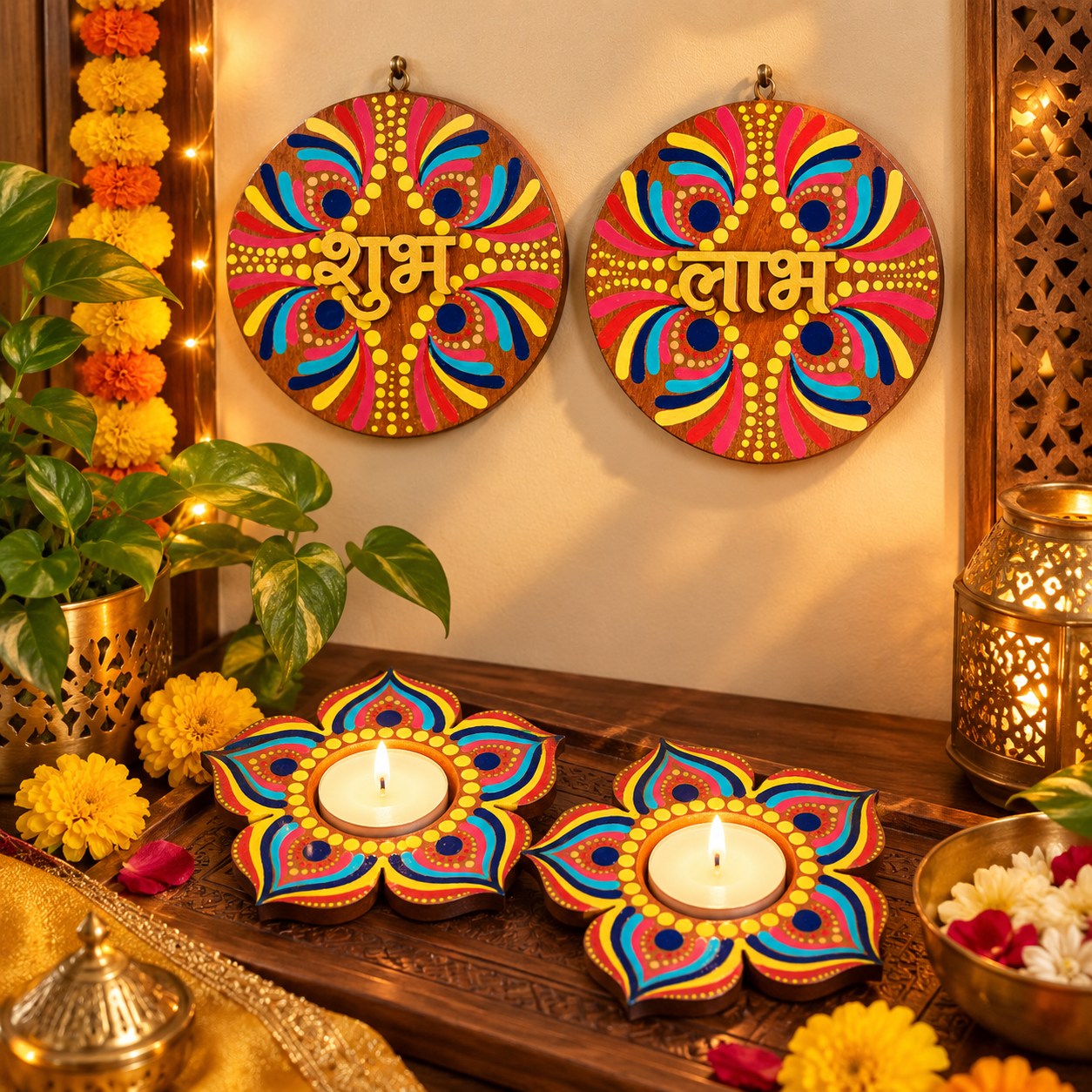 Handpainted Shubh Labh & Lotus Tealight Holder Diwali Gift Set thumbnail 2