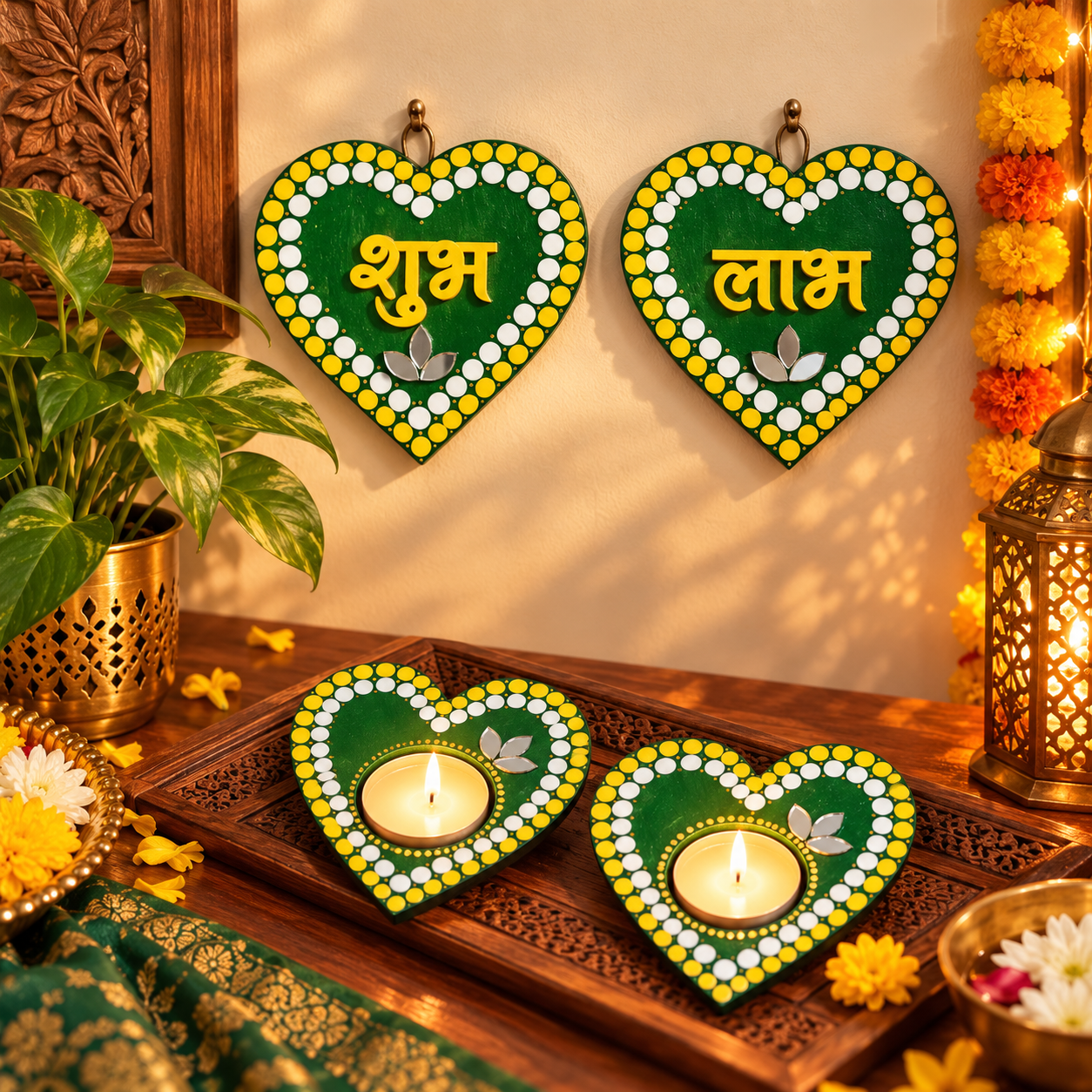Handmade Heart-Shaped Shubh Labh & Tealight Gift Set – Set of 4 thumbnail 2