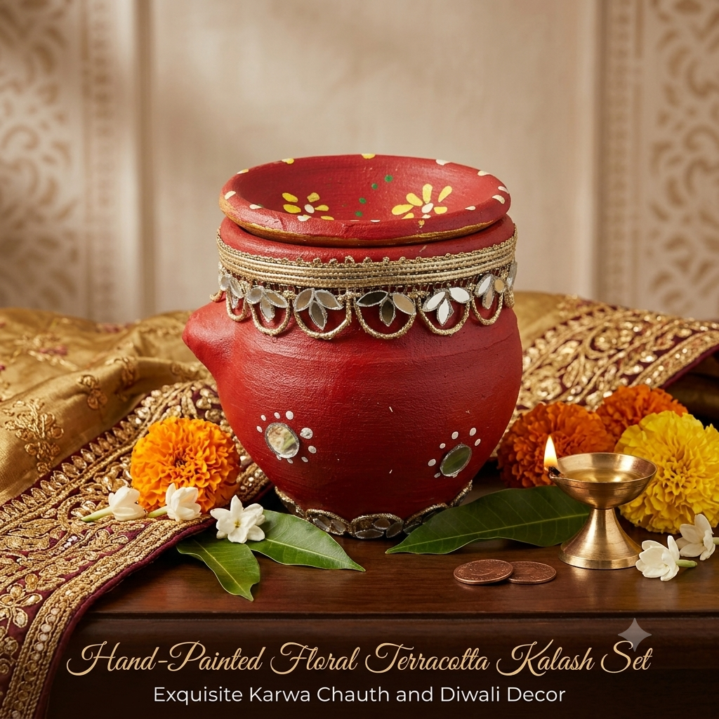 Hand-Decorated Terracotta Karwa Chauth & Diwali Kalash Set thumbnail 2