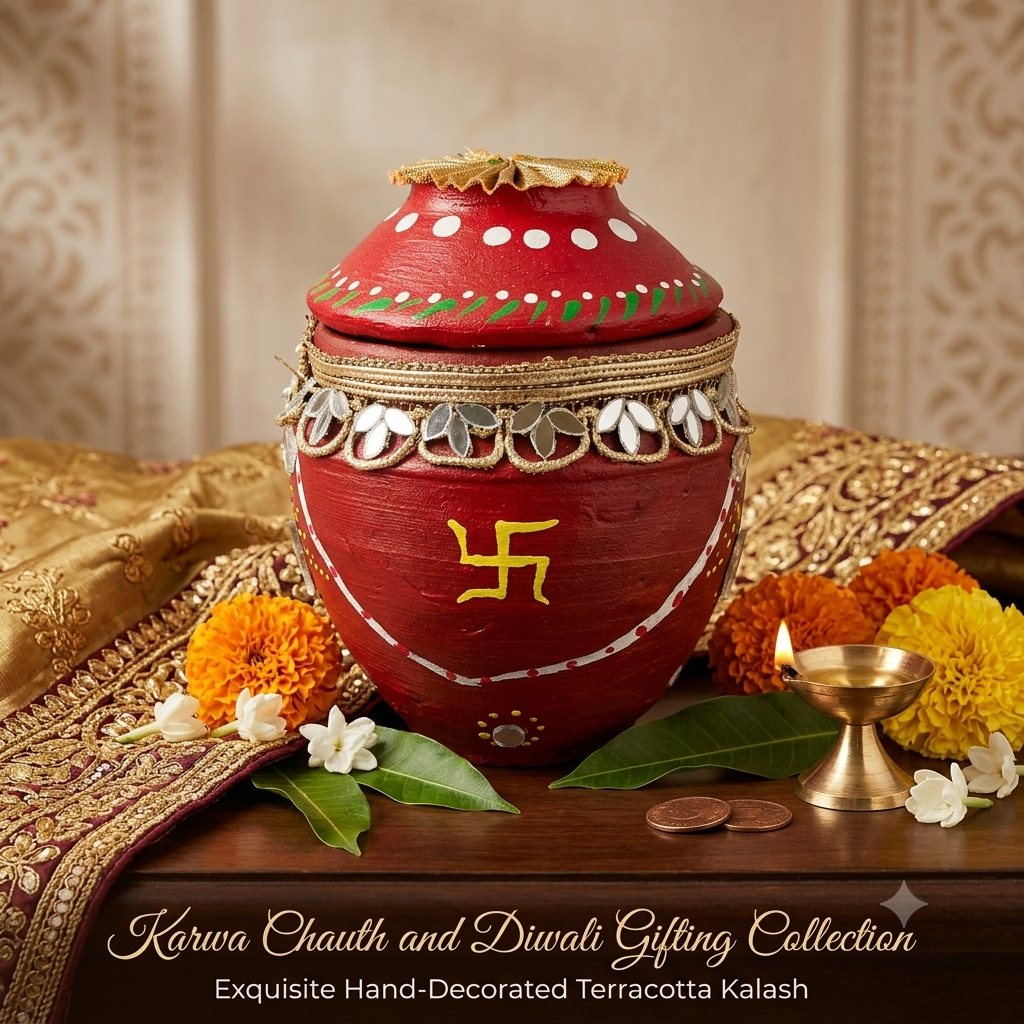 Hand-Decorated Terracotta Karwa Chauth & Diwali Kalash Set thumbnail 3