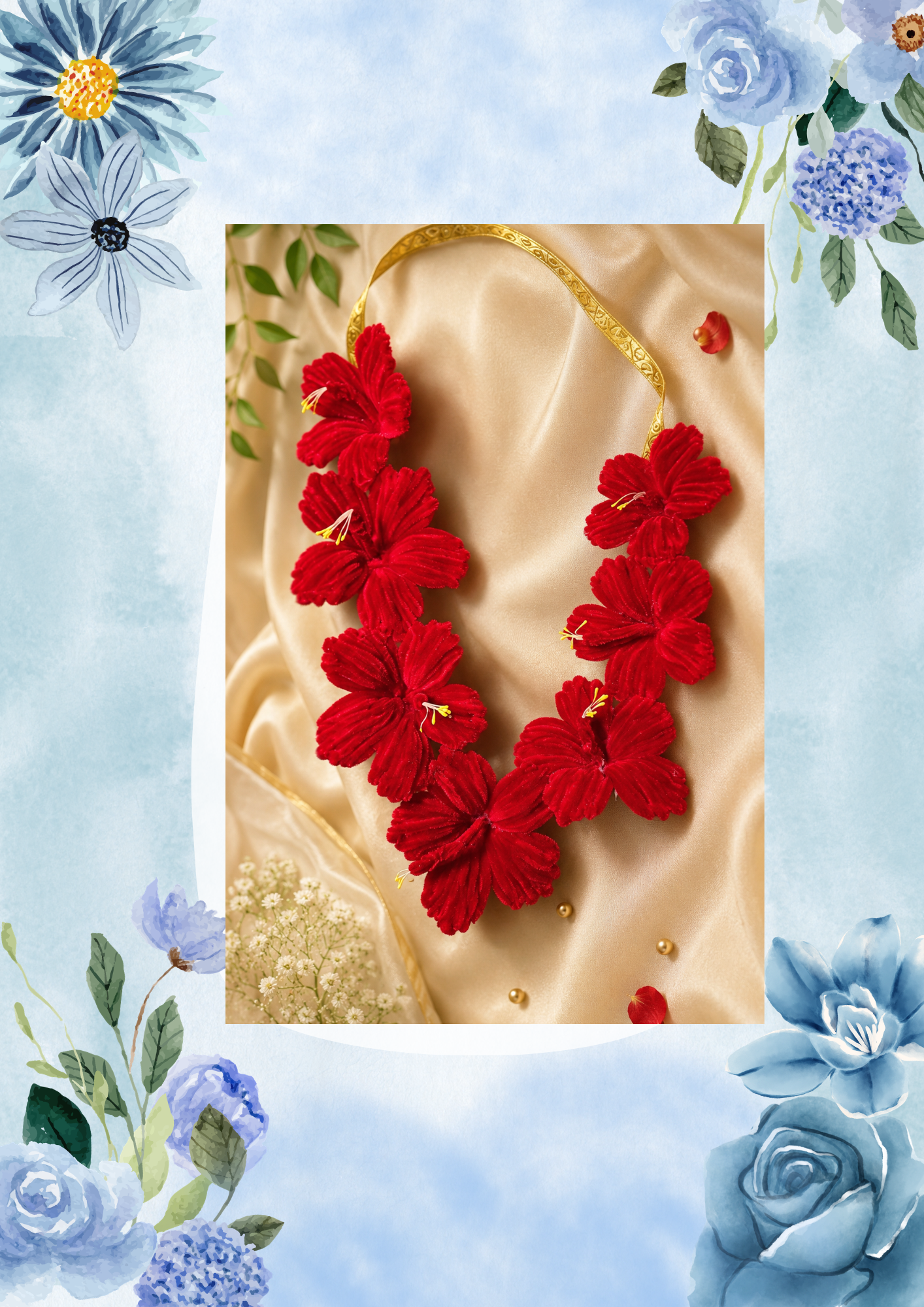 Handcrafted Red Hibiscus Velvet Floral Garland (Puja Mala / Garland