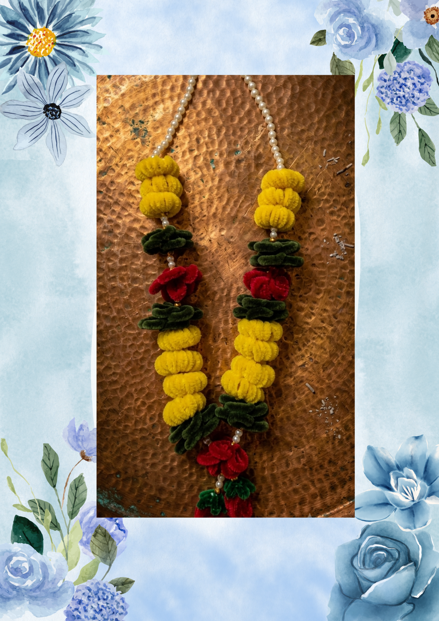 Handcrafted Velvet Marigold & Rose Floral Garland (Pooja Mala