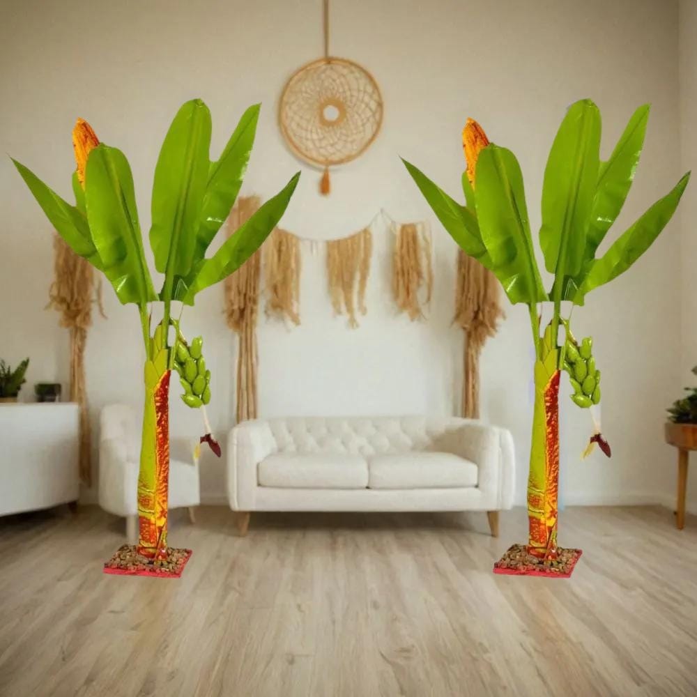 simonart and printing Artificial Banana Tree for Home Decor, 2 Pieces, Wood Crafts Green Leaves with Red and Orange Flowers